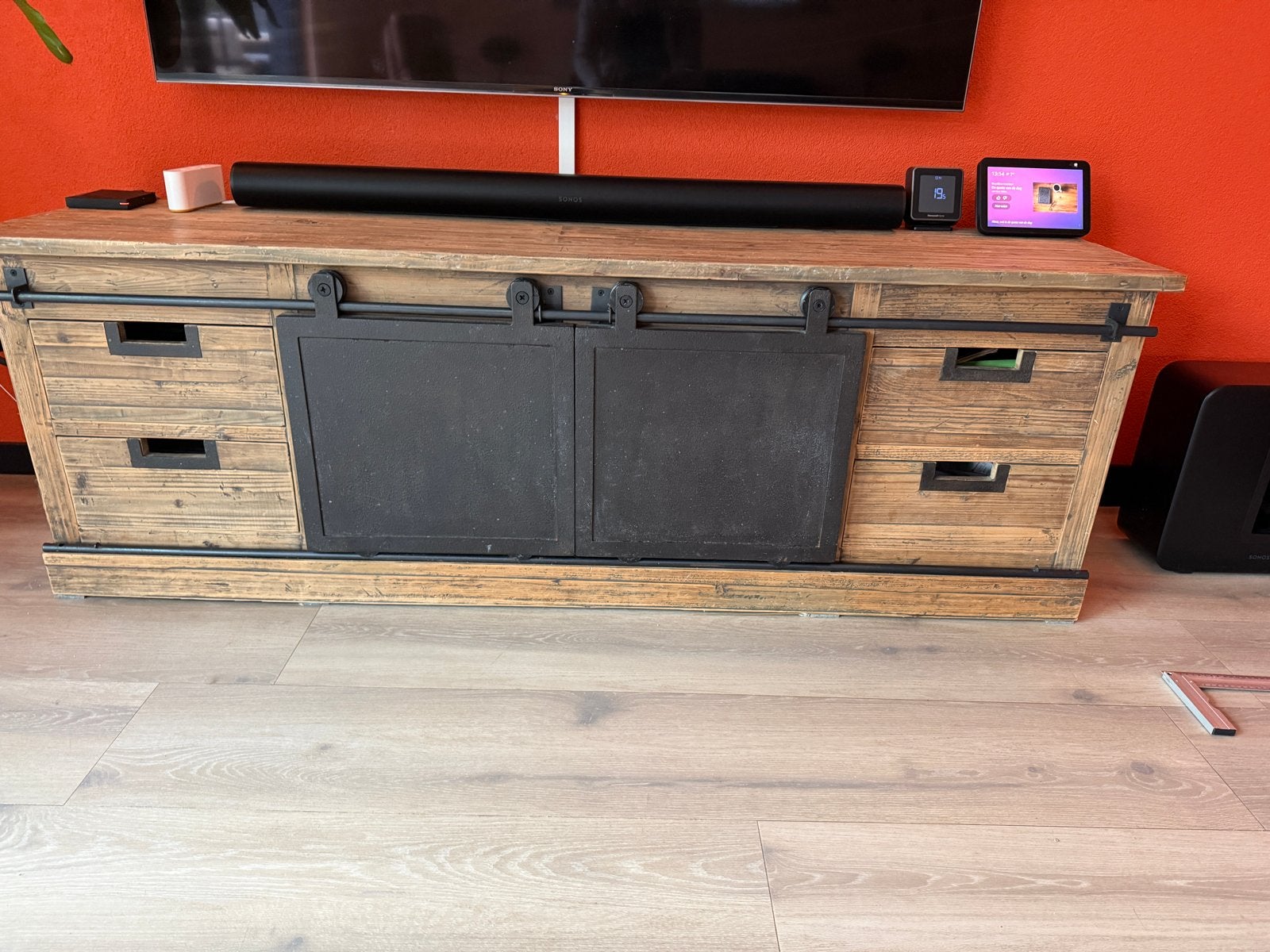 Industrieel tv meubel/dressoir met schuifdeuren, Ophalen, Gebruikt, 150 tot 200 cm, Minder dan 100 cm