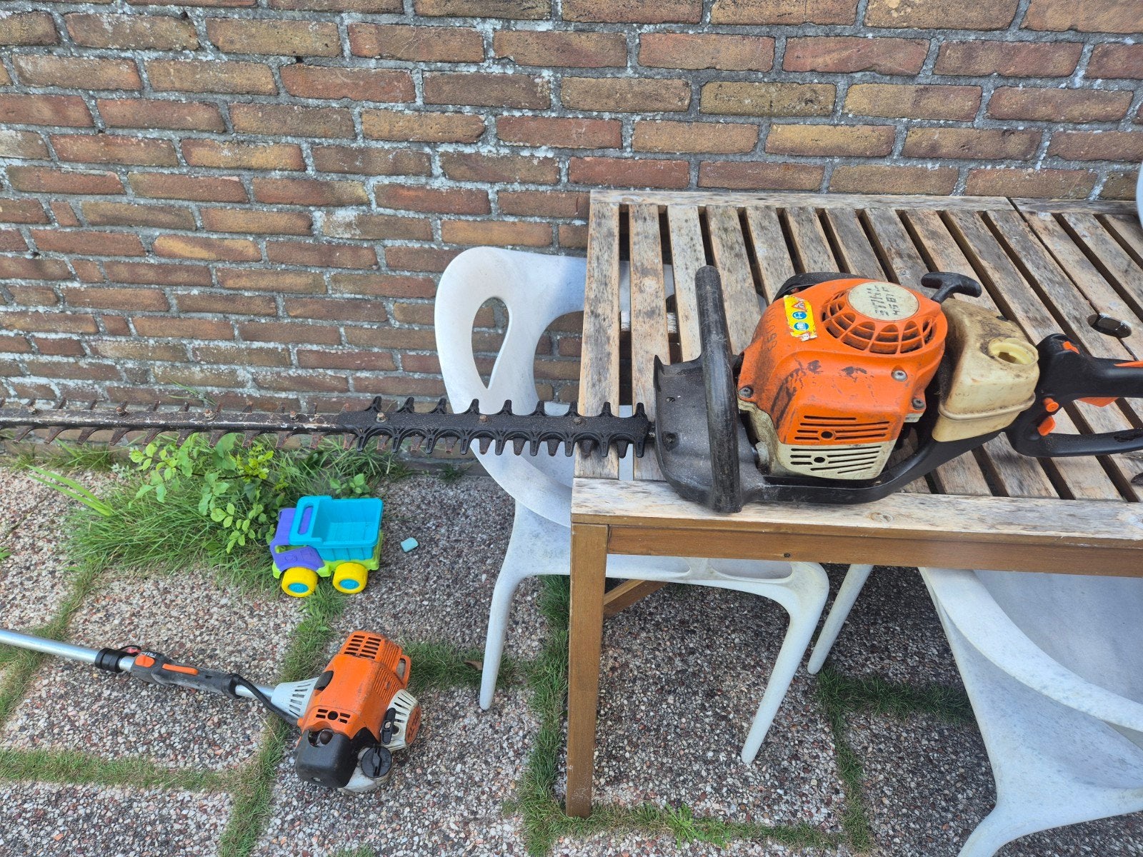Stihl Heggenschaar en Bosmaaier - Benzine, Tuin en Terras, Heggenscharen, Ophalen, Gebruikt, Benzine, Stihl