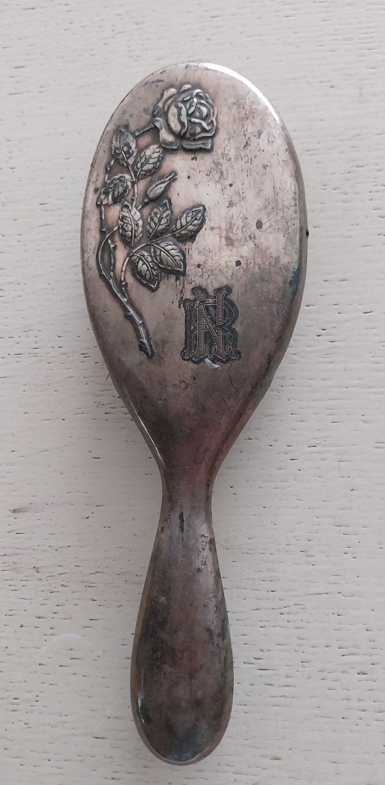 Vintage verzilverde haarborstel met roosmotief, Antiek en Kunst, Ophalen of Verzenden