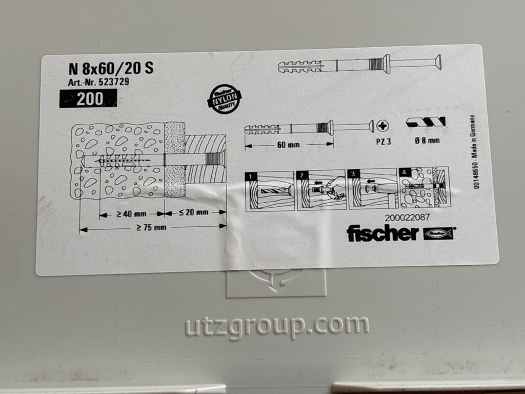Fischer slagpluggen N 8x60/20 S met schroeven, 200 stuks, Ophalen of Verzenden, Nieuw, 50 tot 100 mm, Pluggen