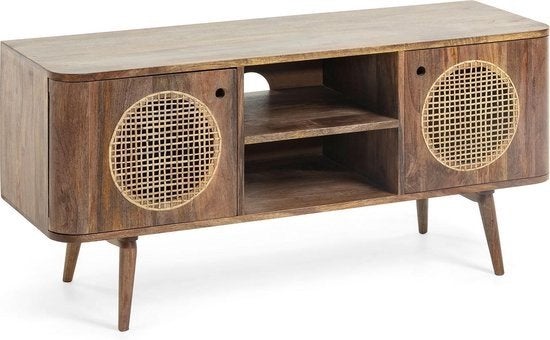 Kave Home Geraldine Bruin Tv-meubel Mangohout - Goede staat, Huis en Inrichting, Ophalen, 100 tot 150 cm, Mangohout met gevlochten riet