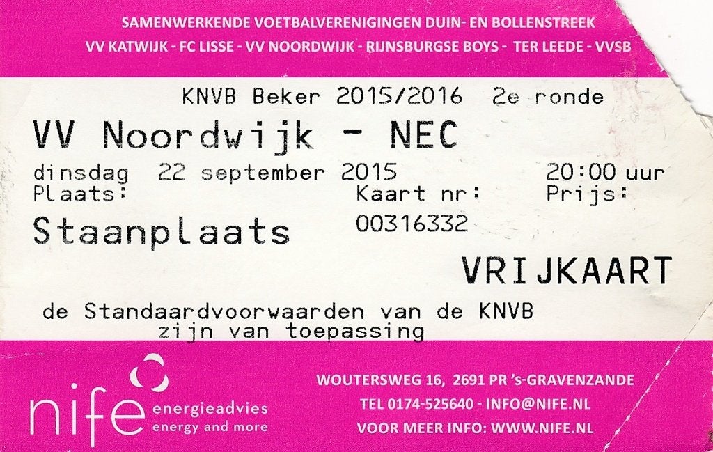 Ticket:VV Noordwijk v NEC NIjmegen 22-09-2015., Verzenden, Zo goed als nieuw, Overige binnenlandse clubs, Overige typen