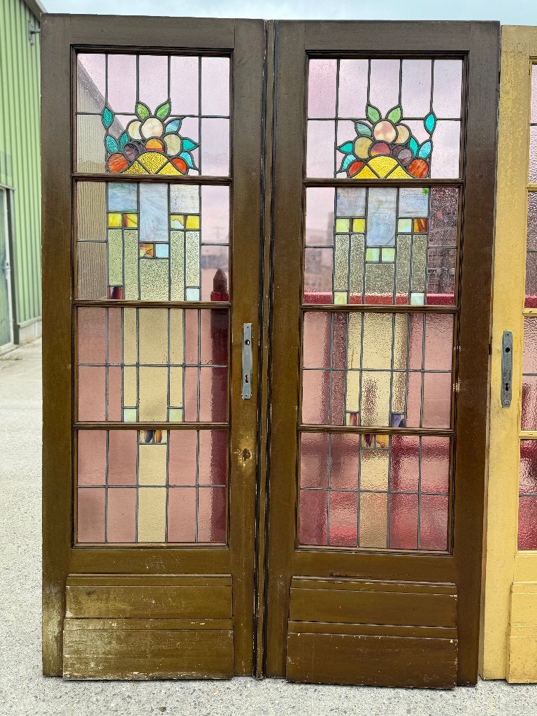 Set Jugendstil glas in lood openslaande deuren 213x144cm., Antiek en Kunst, Ophalen