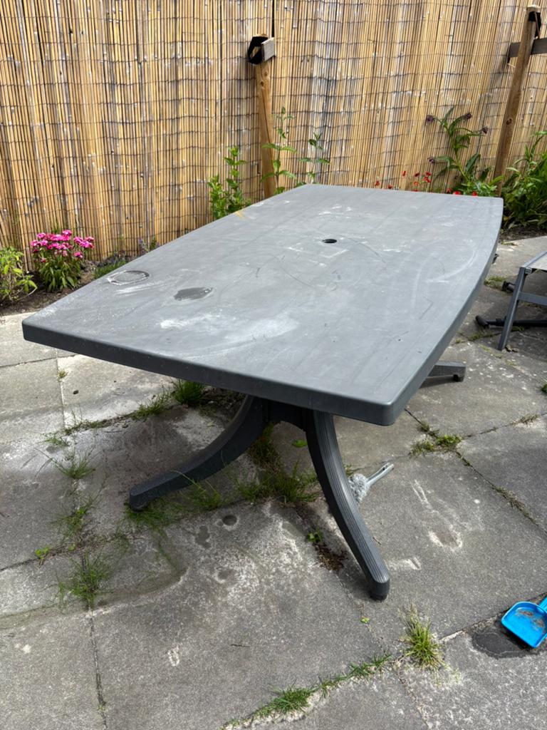 Tuintafel / campingtafel met parasolgat - 160x90x70 cm, Ophalen, Gebruikt, Rechthoekig, Kunststof