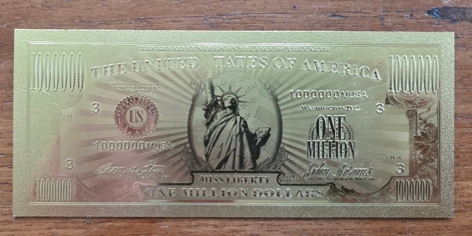 24 kt goud gold plated bankbiljet Amerika 1 miljoen dollar, Verzenden, Noord-Amerika, Los biljet