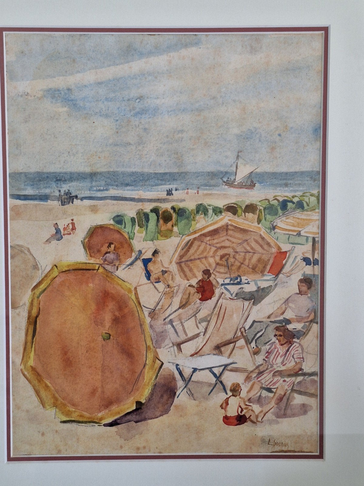 AQUAREL,  GESIGN. L.SOONIUS. Strandgezicht., Antiek en Kunst, Ophalen of Verzenden