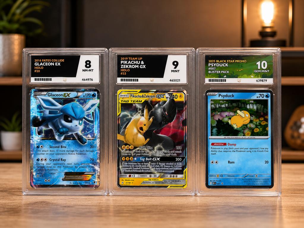 3 slabs - Glaceon EX, Pikachu & Zekrom GX, Psyduck promo, Hobby en Vrije tijd, Verzamelkaartspellen | Pokémon, Ophalen of Verzenden
