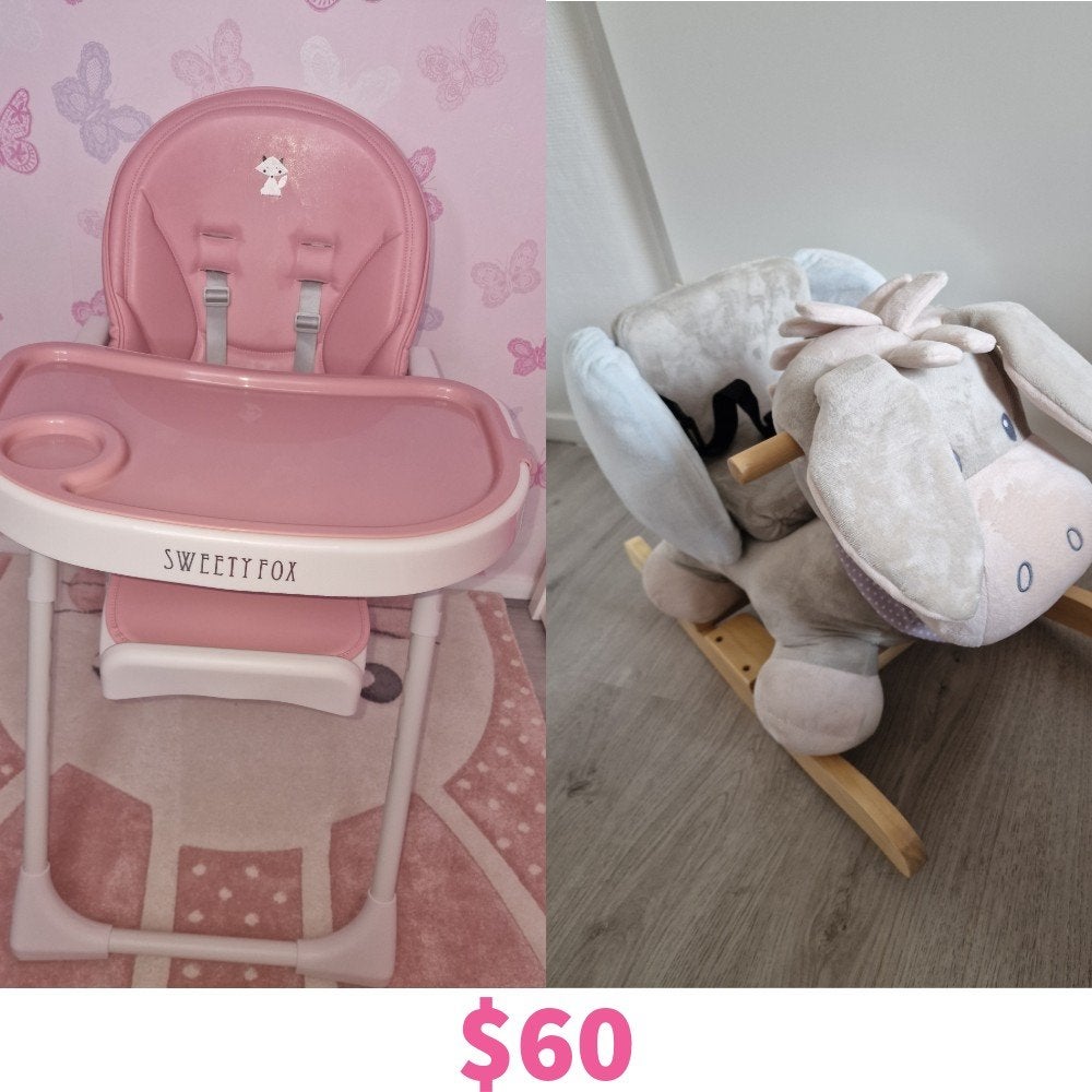 Roze kinderstoel en hobbelpaard, Ophalen