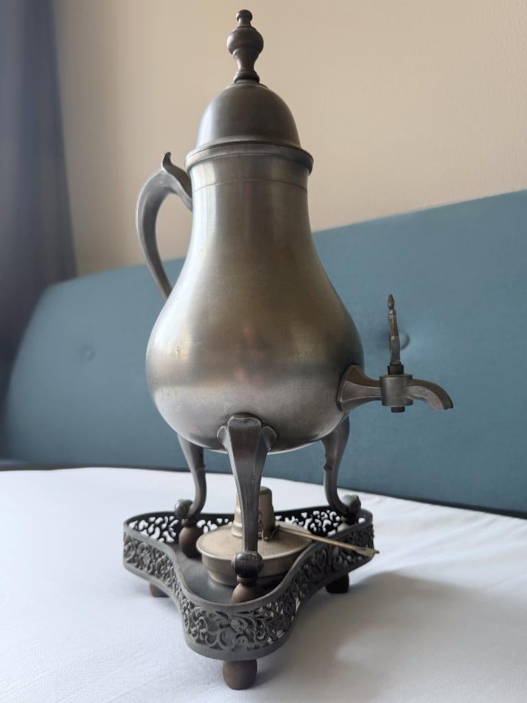 Tinnen theekan met brander, 38 cm hoogte, Antiek en Kunst, Antiek | Tin, Ophalen of Verzenden