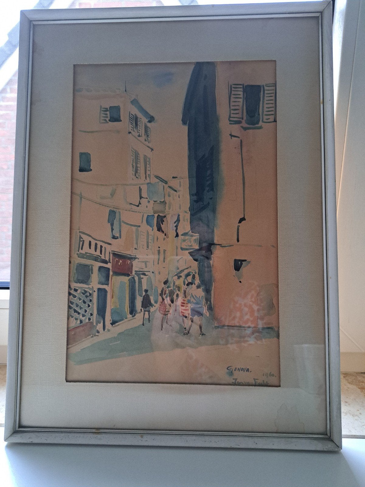 Jan van Fucht (1926-2013) - Straatgezicht Genua (1960), Antiek en Kunst, Ophalen of Verzenden, Gedateerd, Aquarel, Stads- / dorpsgezicht