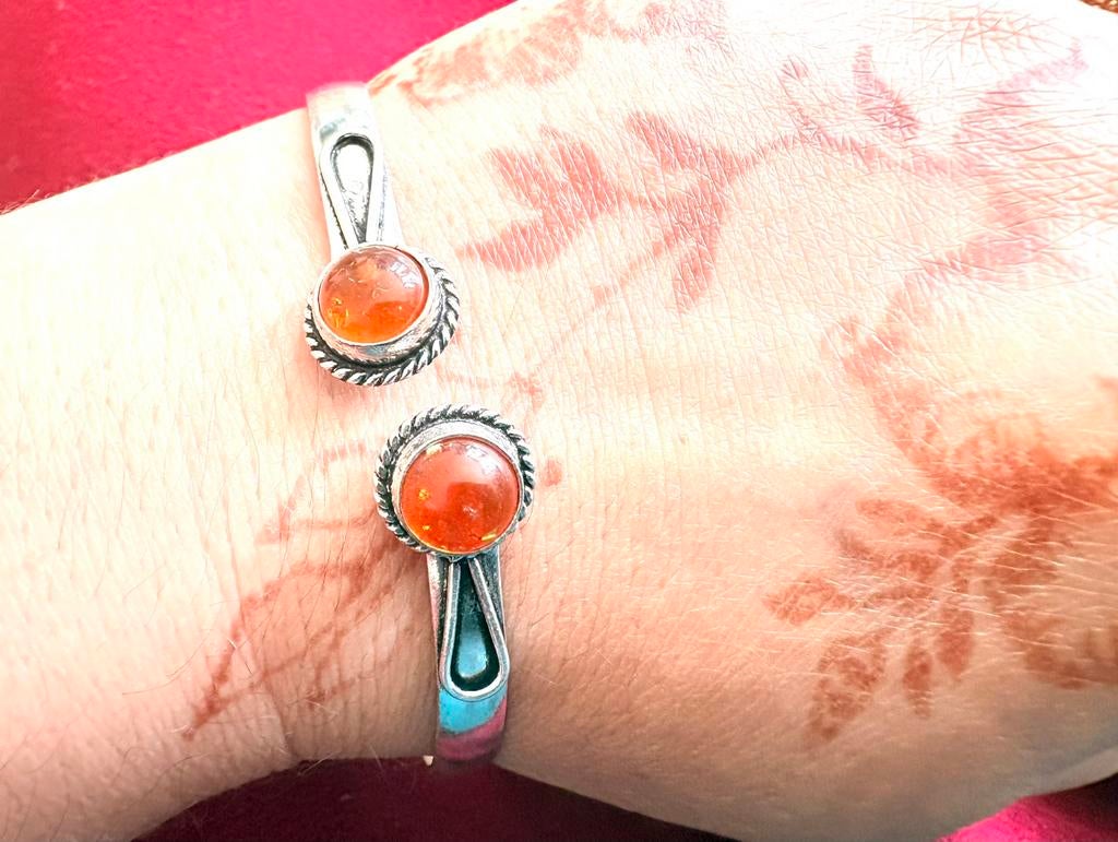 Barnsteen zilver 925 open armband bangle verstelbaar sukasa, Ophalen of Verzenden, Nieuw, Zilver