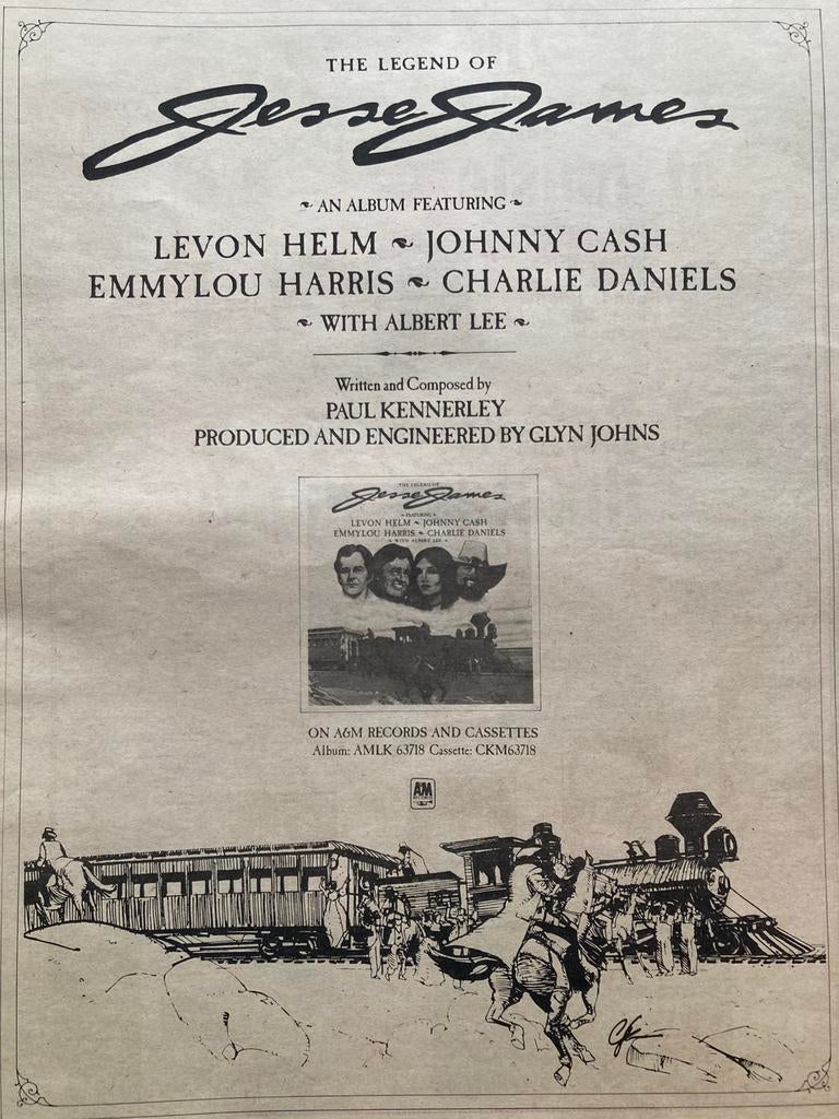 Paginagrote A3 advertentie JESSE JAMES Johnny Cash EMMYLOU H, Ophalen of Verzenden, Zo goed als nieuw