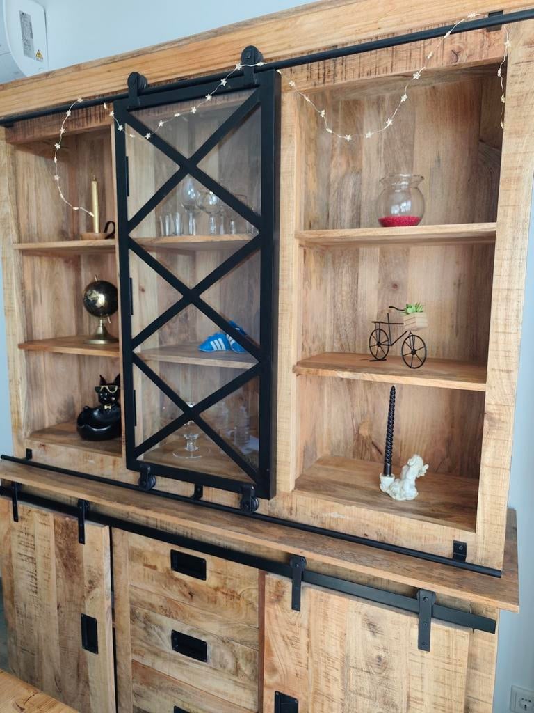 Mangohouten kast met industrieel design en schuifdeuren, Met deur(en), 200 cm of meer, 150 tot 200 cm, Ophalen of Verzenden