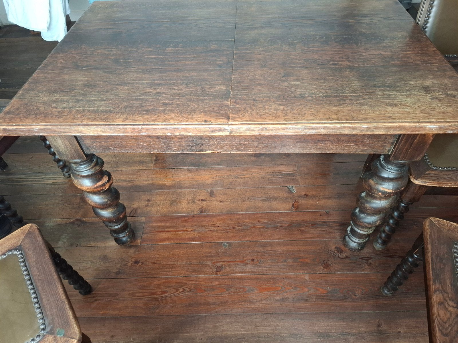 Antieke eiken eettafel met 6 stoelen, Ophalen, Gebruikt, Rechthoekig, 50 tot 100 cm