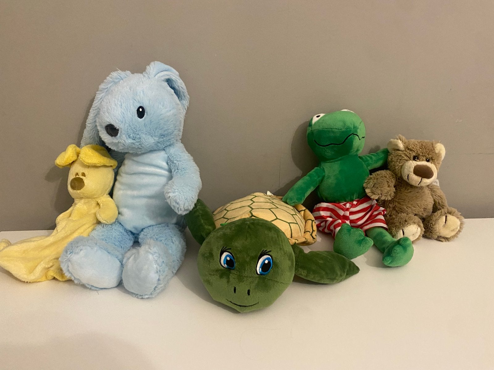 Leuke knuffels: konijn, hond, kikker, beer en schildpad, Ophalen, Gebruikt, Blauw, Konijn