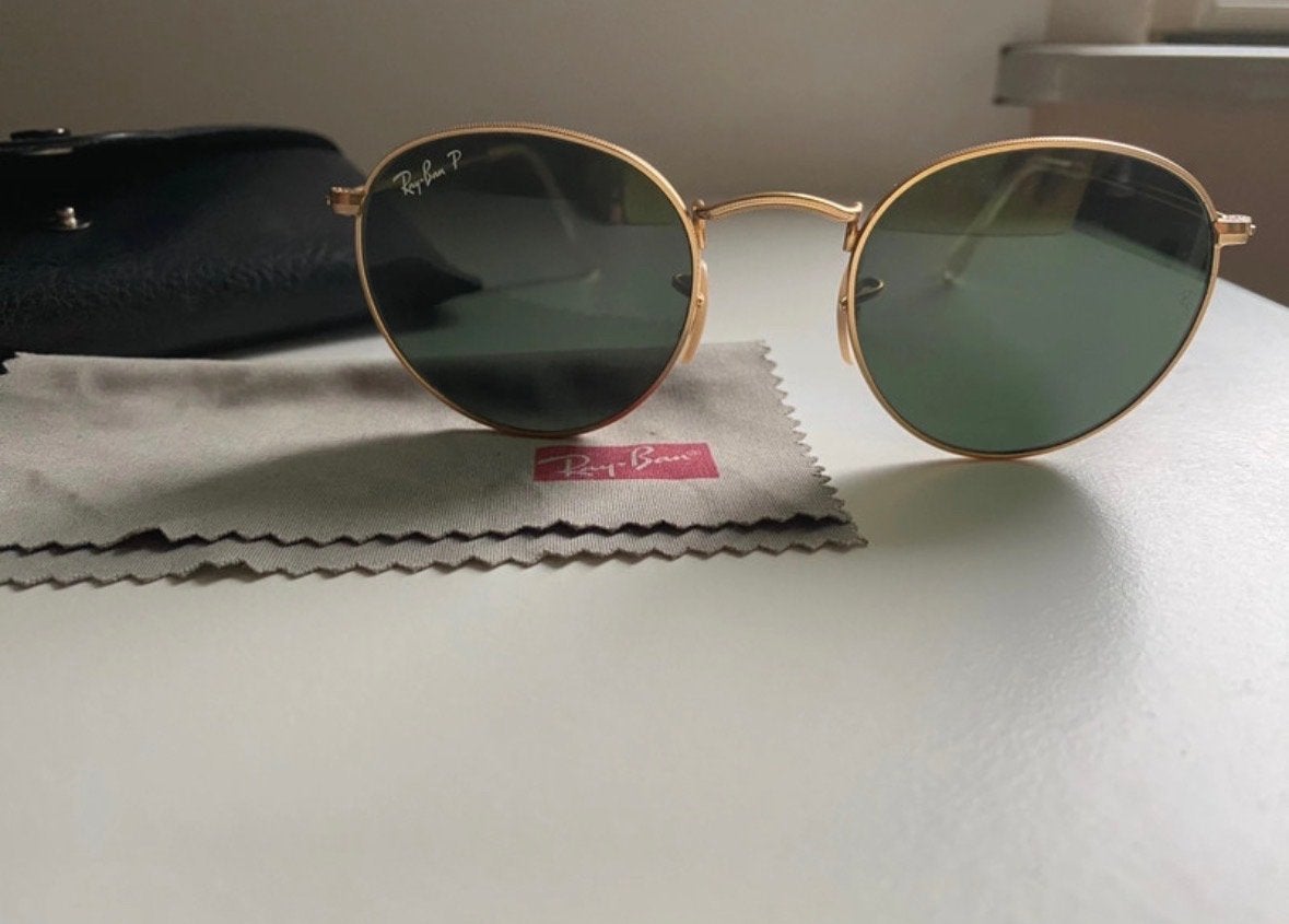 Ray-Ban Round Metal Zonnebril Goud Groen RB3447, Zonnebril, Verzenden, Zo goed als nieuw, Ray-Ban