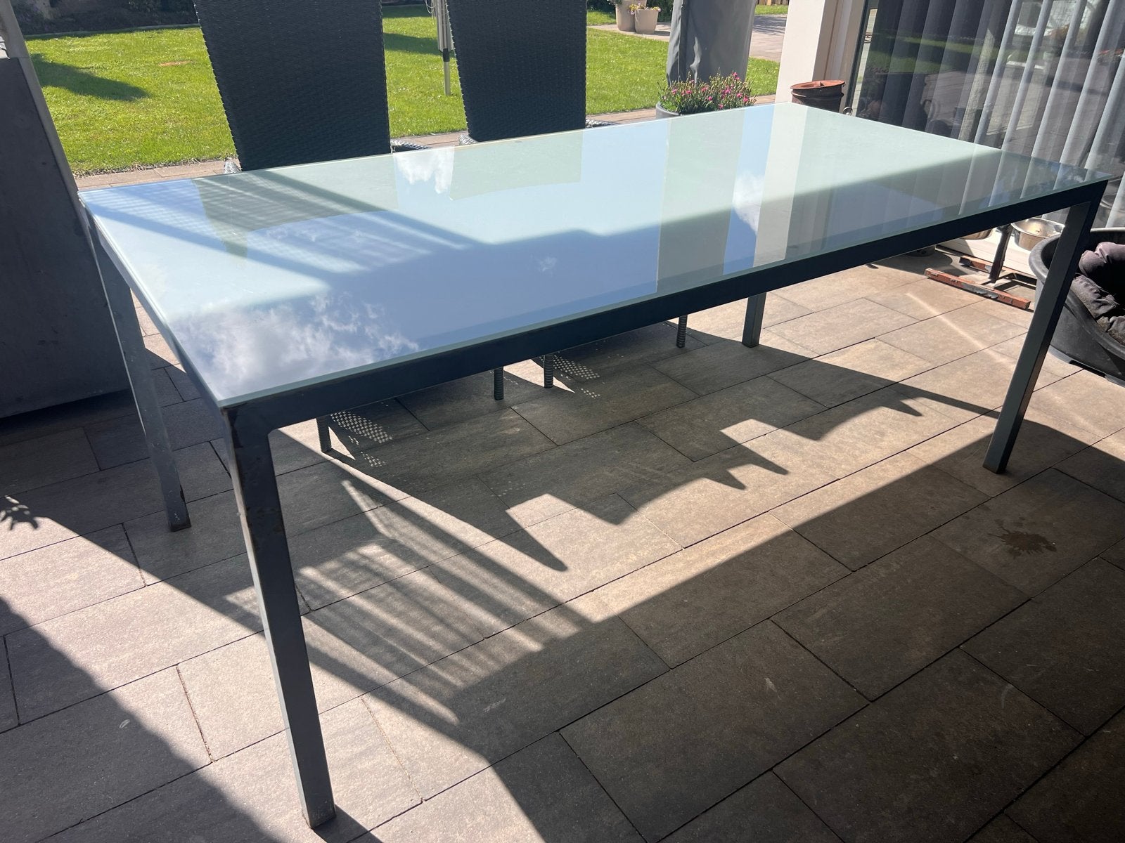 Tuin tafel met melkglas blad 90x180, Ophalen, Gebruikt, Rechthoekig, Metaal