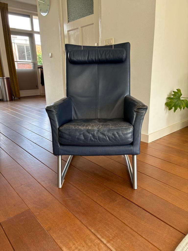 Madonna fauteuil, blauw leer, Ophalen, Minder dan 50 cm, Gebruikt, Minder dan 75 cm