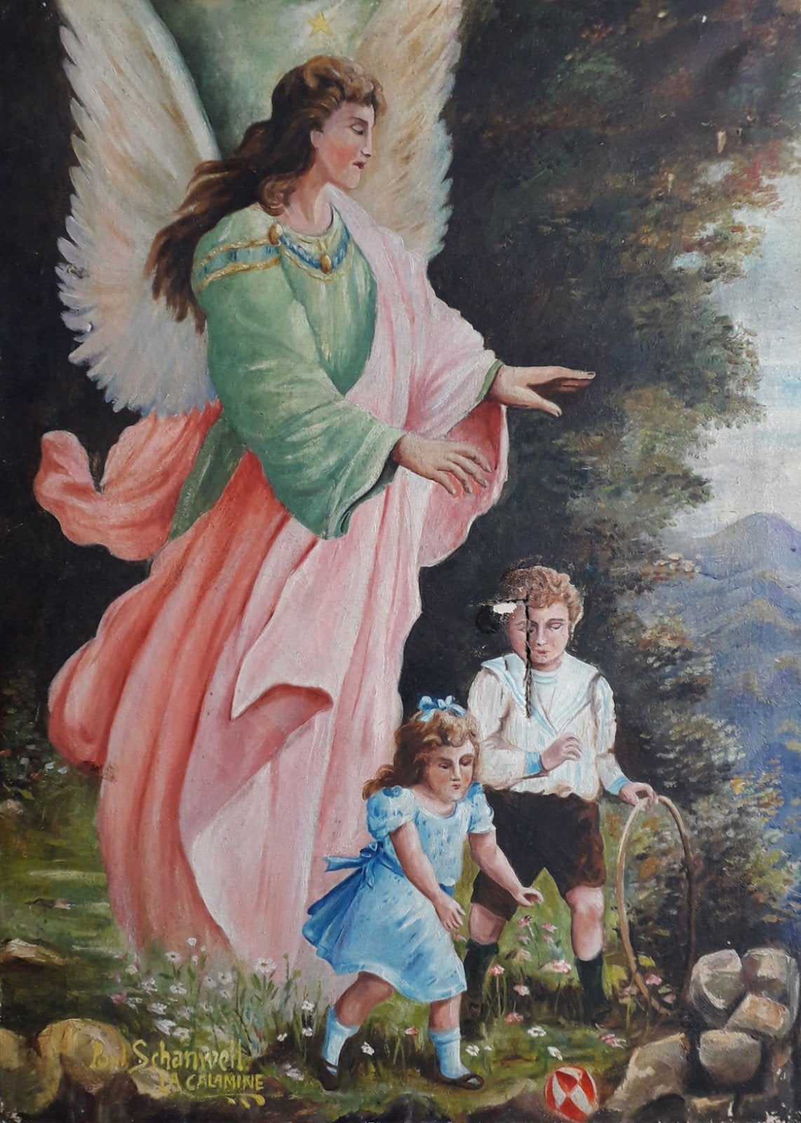 2 SPELENDE KINDEREN 🏀 KLEURRIJKE ENGEL ➡️ OUD 19 EEUW, Antiek en Kunst, Kunst | Schilderijen | Klassiek, Doek, Portret of Personen