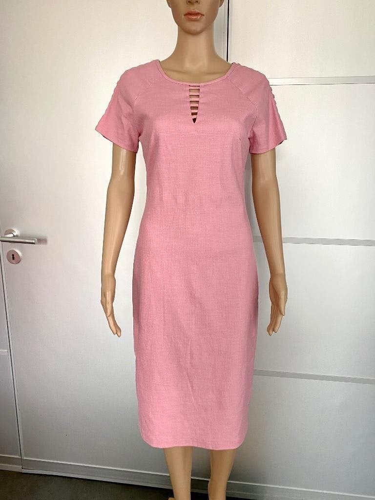 G192 Nieuw: Creme de la Creme: mt XS=34 linnen jurk roze, Kleding | Dames, Jurken, Nieuw, Ophalen of Verzenden, Knielengte, Roze