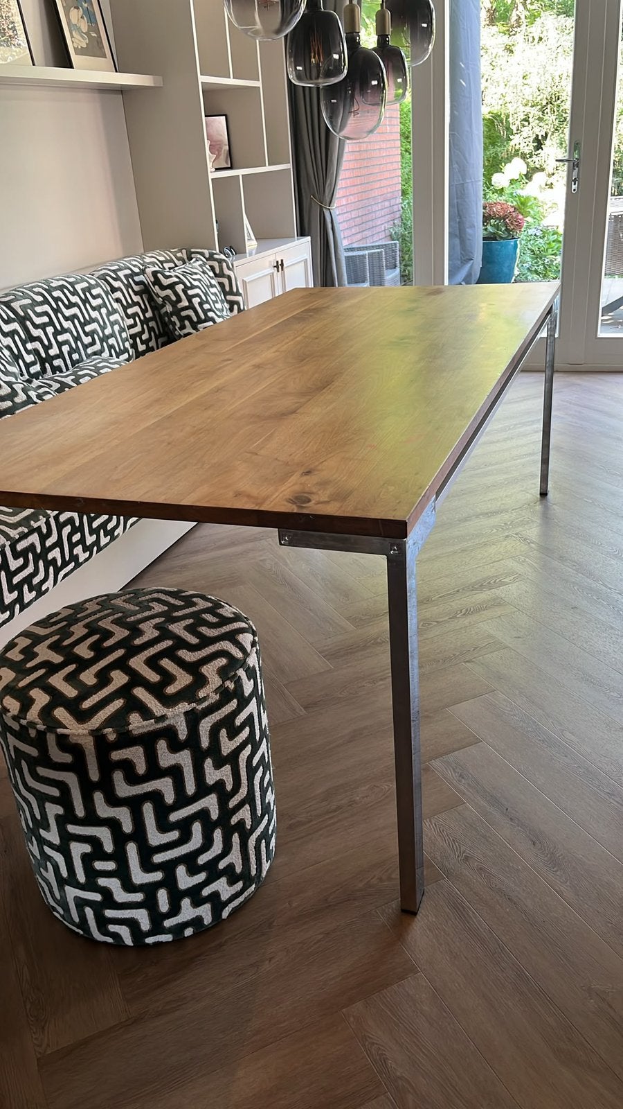 Massief houten eettafel, Ophalen, Gebruikt, 100 tot 150 cm, 200 cm of meer