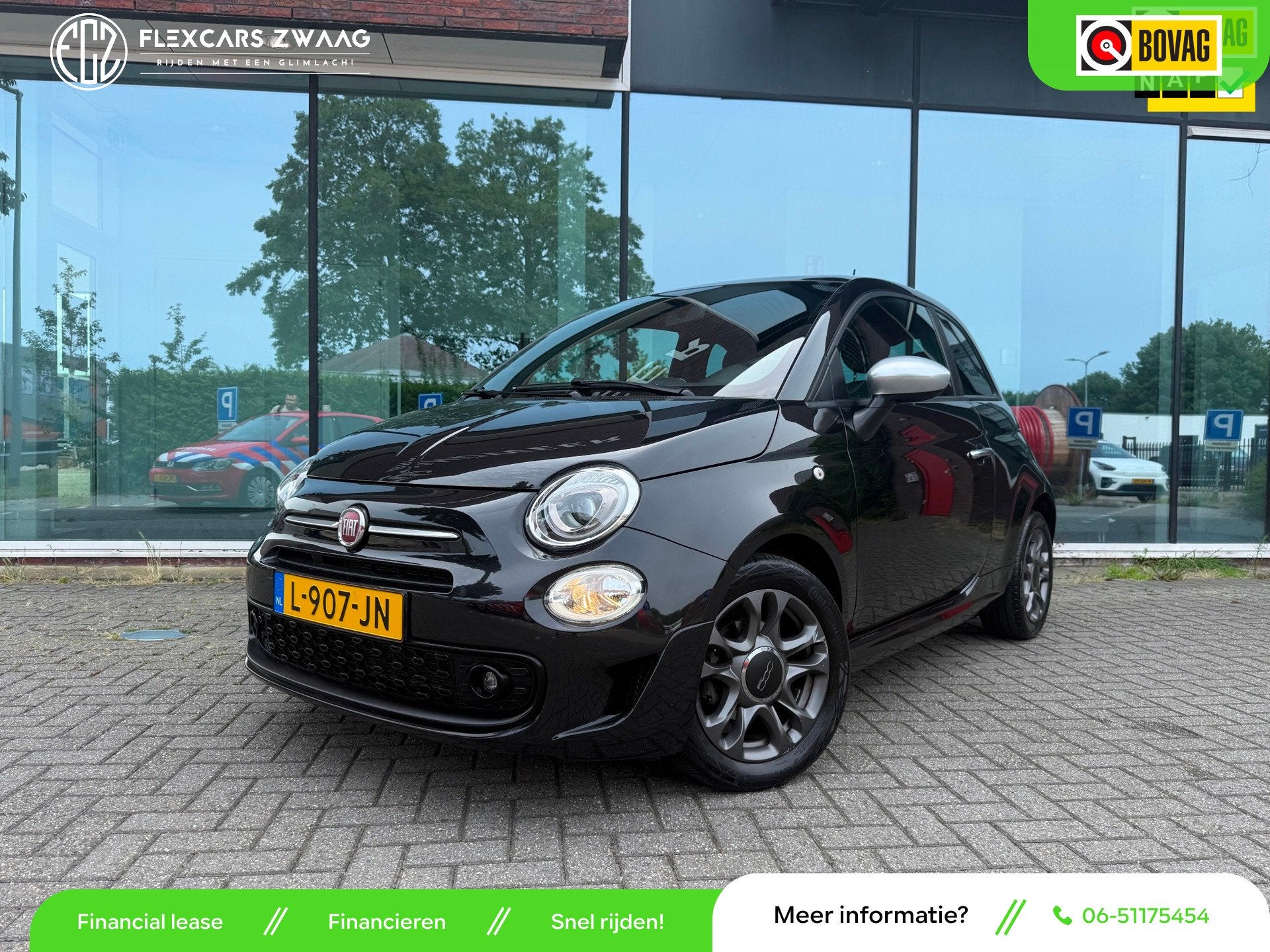 Fiat 500 1.0 Hybrid Rockstar - Media Apple/Android - Panodak, Auto's, Fiat, Voorwielaandrijving, 4 stoelen, Leder en Stof, Zwart