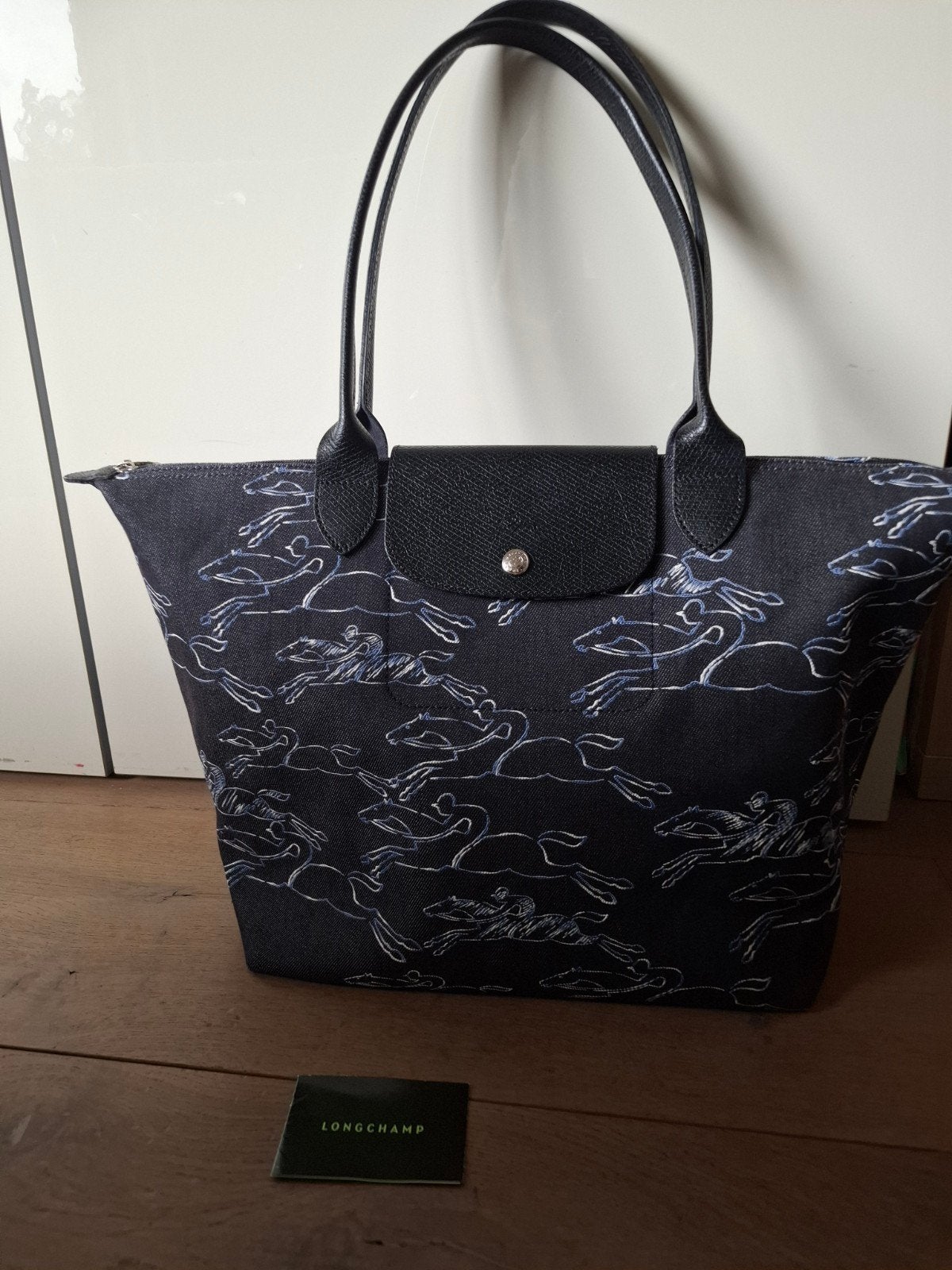 Longchamp Le Pliage L Denim Blauw Tas met Paardenprint, Ophalen of Verzenden, Zo goed als nieuw, Blauw, Shopper