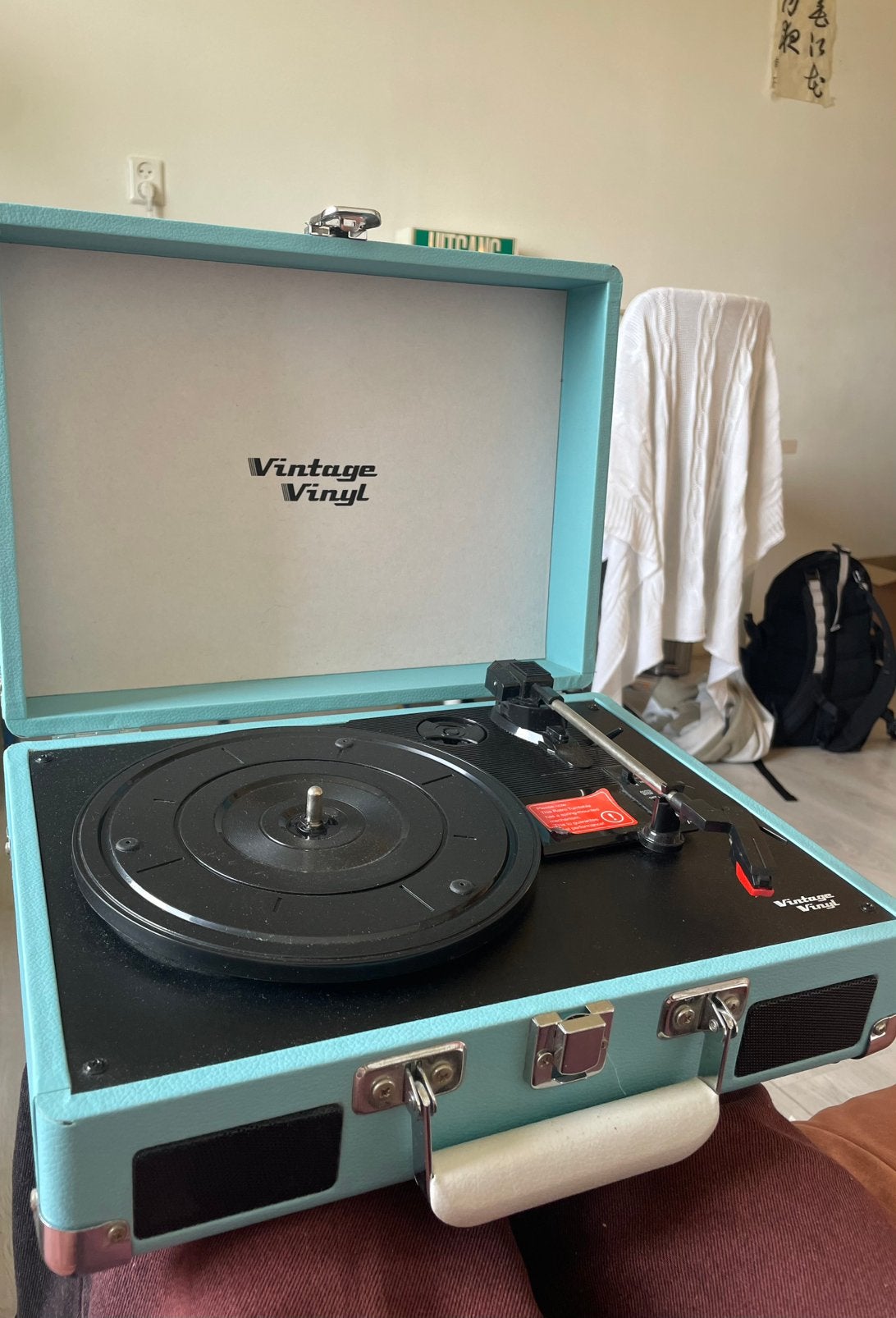Vintage Vinyl platenspeler, lichtblauw koffer-stijl, Audio, Tv en Foto, Platenspelers, Ophalen of Verzenden, Gebruikt, Overige merken