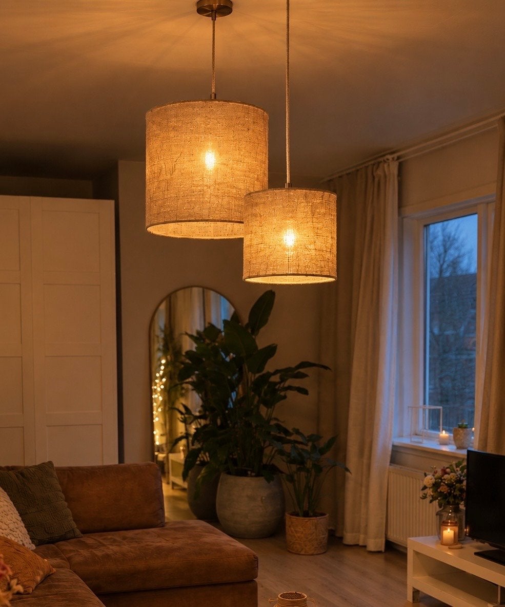 Set van 2 Juten Hanglampen - Zara Home, Ophalen of Verzenden, Zo goed als nieuw, Natuurlijk materiaal, E27 (groot)
