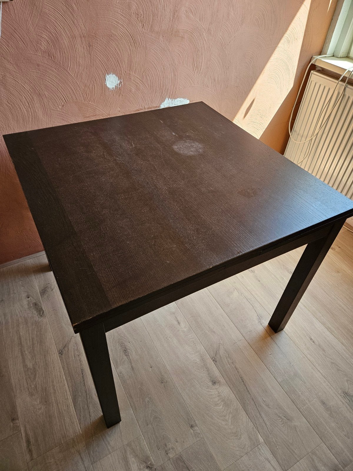Uitschuifbare eettafel - Donkerbruin - 90x90 tot 90x168, Huis en Inrichting, Tafels | Eettafels, Ophalen, Gebruikt, 100 tot 150 cm