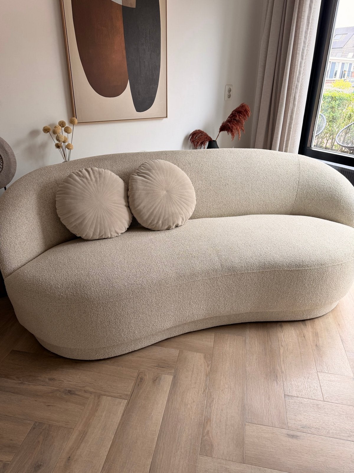 JYSK ANDRUP 3-zitsbank ovaal beige stof, Ophalen, Driepersoons, 75 tot 100 cm, Zo goed als nieuw