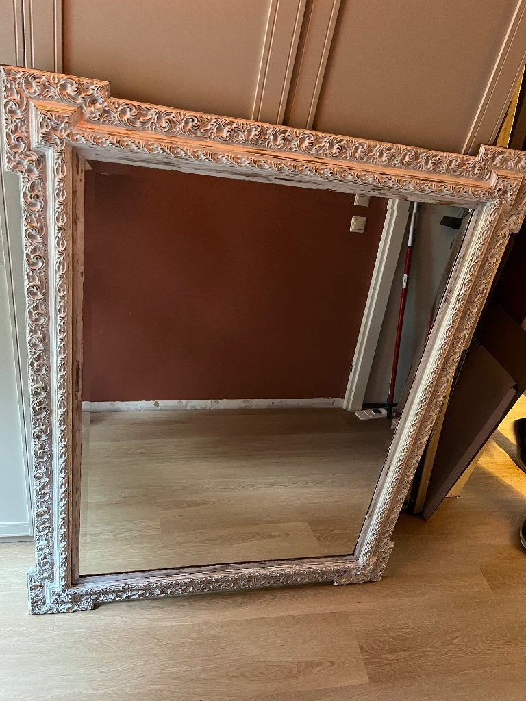Vintage grote wandspiegel met houten sierlijst, Ophalen, Gebruikt, 100 tot 150 cm, 100 tot 125 cm