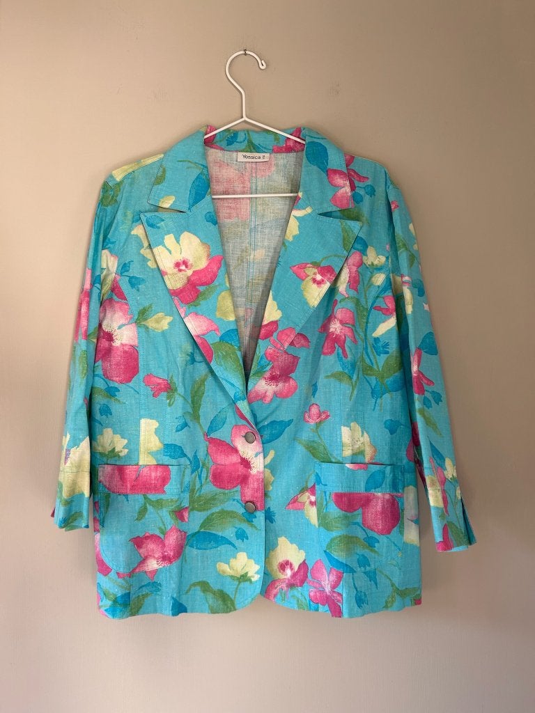 Blauwe blazer maat 42 bloemen print turquoise, Blauw, Yessica, Maat 42/44 (L), Ophalen of Verzenden