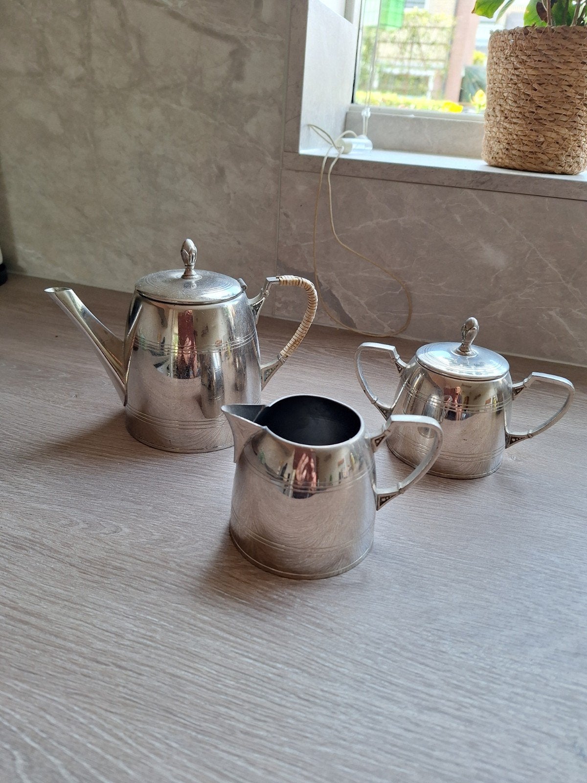 Vintage Verzilverd Theeservies - Theepot, Suikerpot, Melkkan, Antiek en Kunst, Ophalen