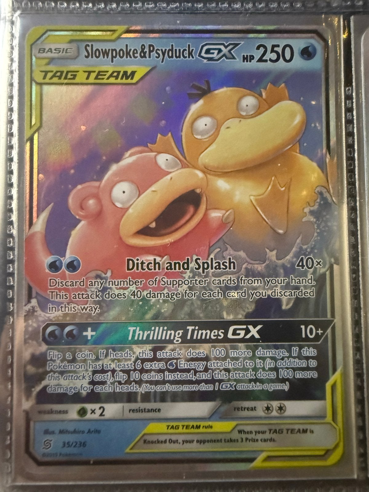 Slowpoke & Psyduck GX #35 Pokémon Kaart, Ophalen of Verzenden, Gebruikt, Losse kaart, Foil