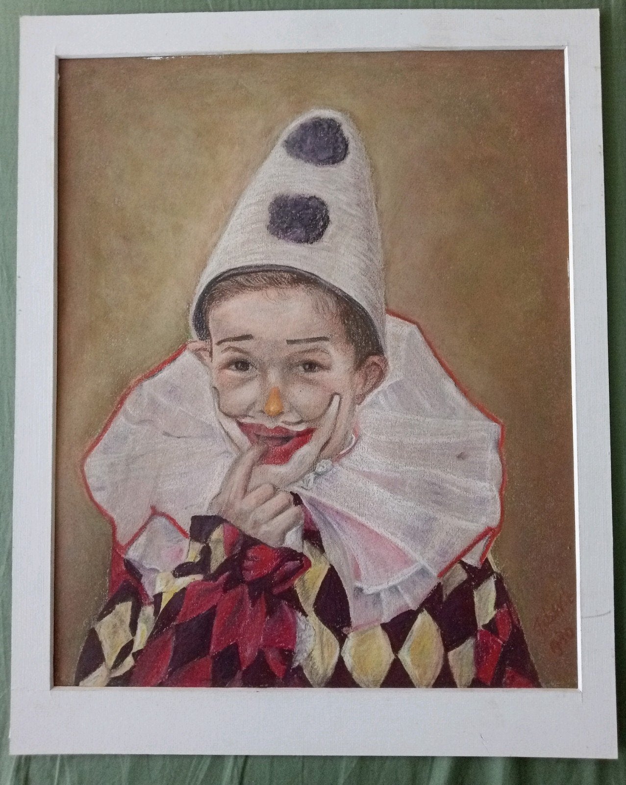 Kind als Pierrot Clown Krijt tekening 1980, Ophalen of Verzenden