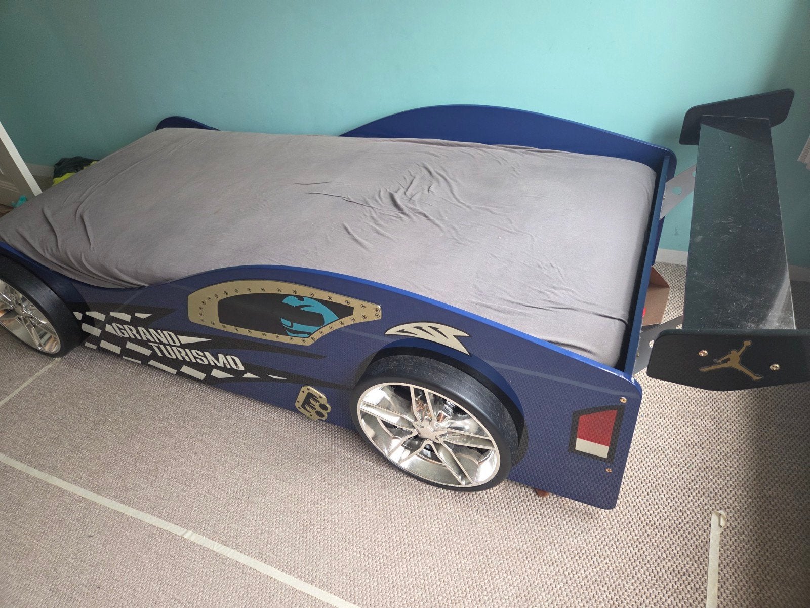 Blauw raceauto bed 90x200 cm (excl. matras), Ophalen, 85 tot 100 cm, Gebruikt, Lattenbodem