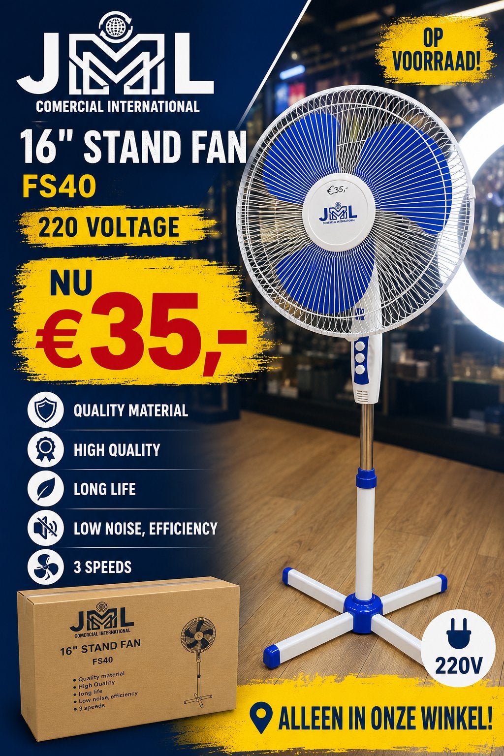 JML 16" Standventilator FS40 - Nieuw, 3 snelheden, Ophalen of Verzenden, Nieuw, Statiefventilator