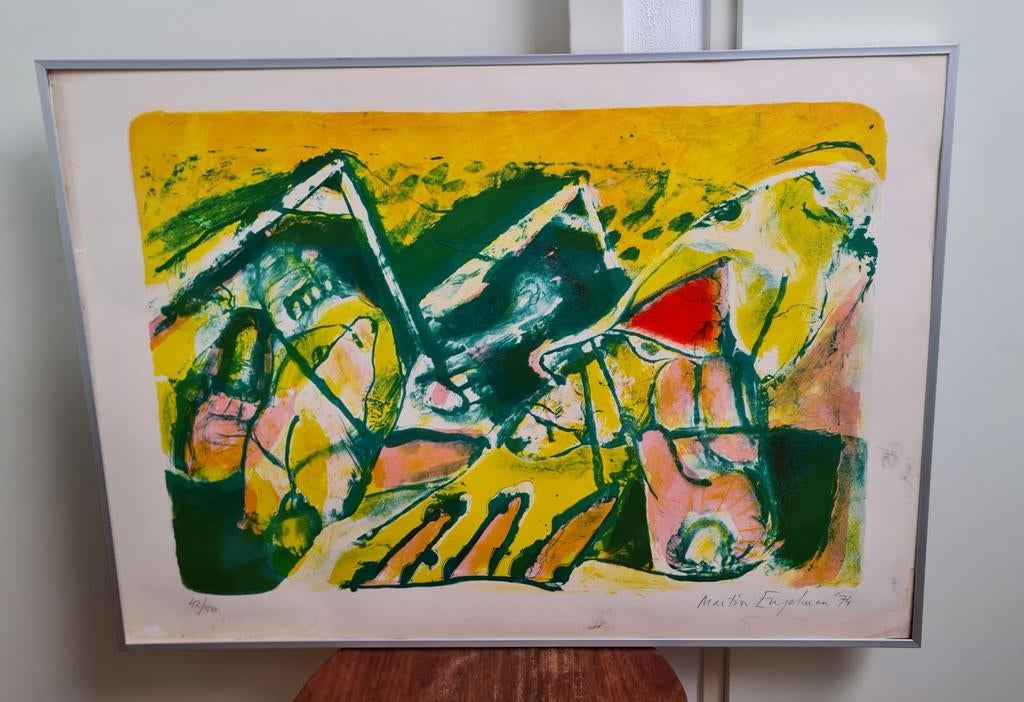Martin Engelman zeefdruk in een groen knollen land uit 1974, Ophalen