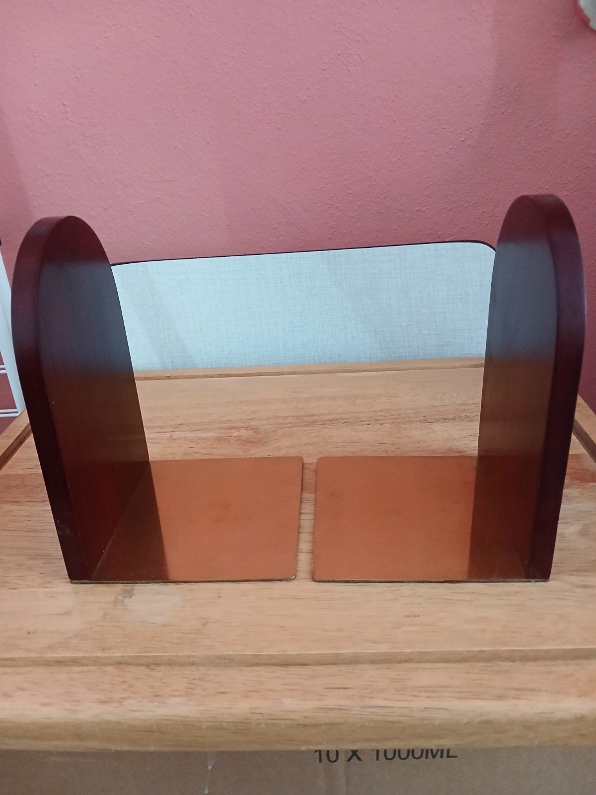 Mid-century 70s boeksteunen – teak & staal, Hout, Gebruikt, Ophalen of Verzenden, Klassiek