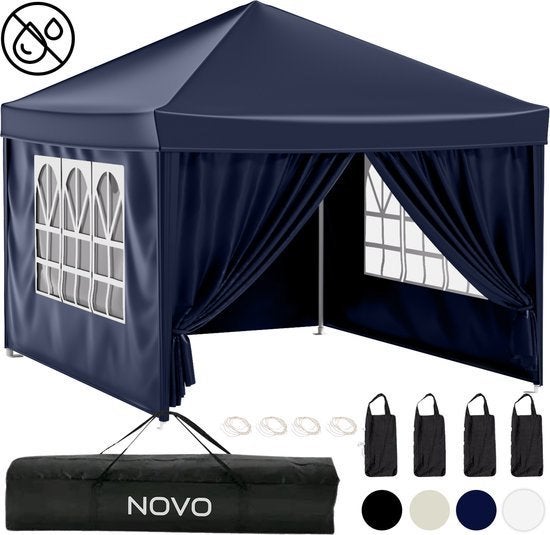 NOVO Partytent Easy Up 3x3m Blauw met Zijwanden, Opvouwbaar, Partytent, Zo goed als nieuw, Minder dan 5 meter