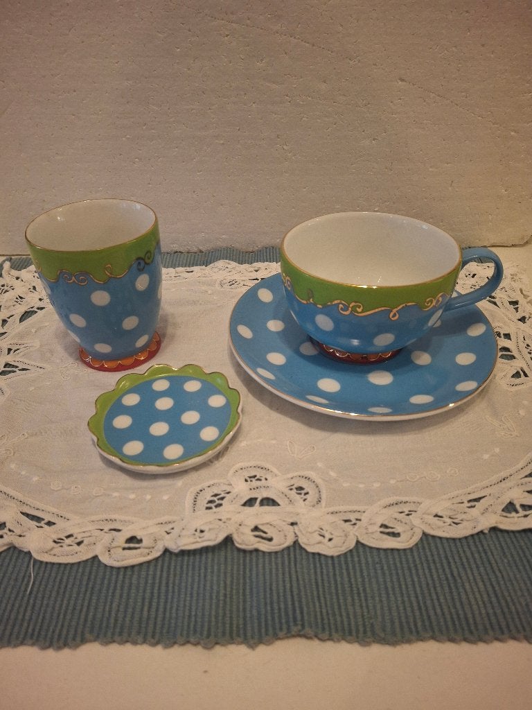 Oilily - turkoise/ stippen - kop & schotel, mokje, theetipje, Ophalen of Verzenden