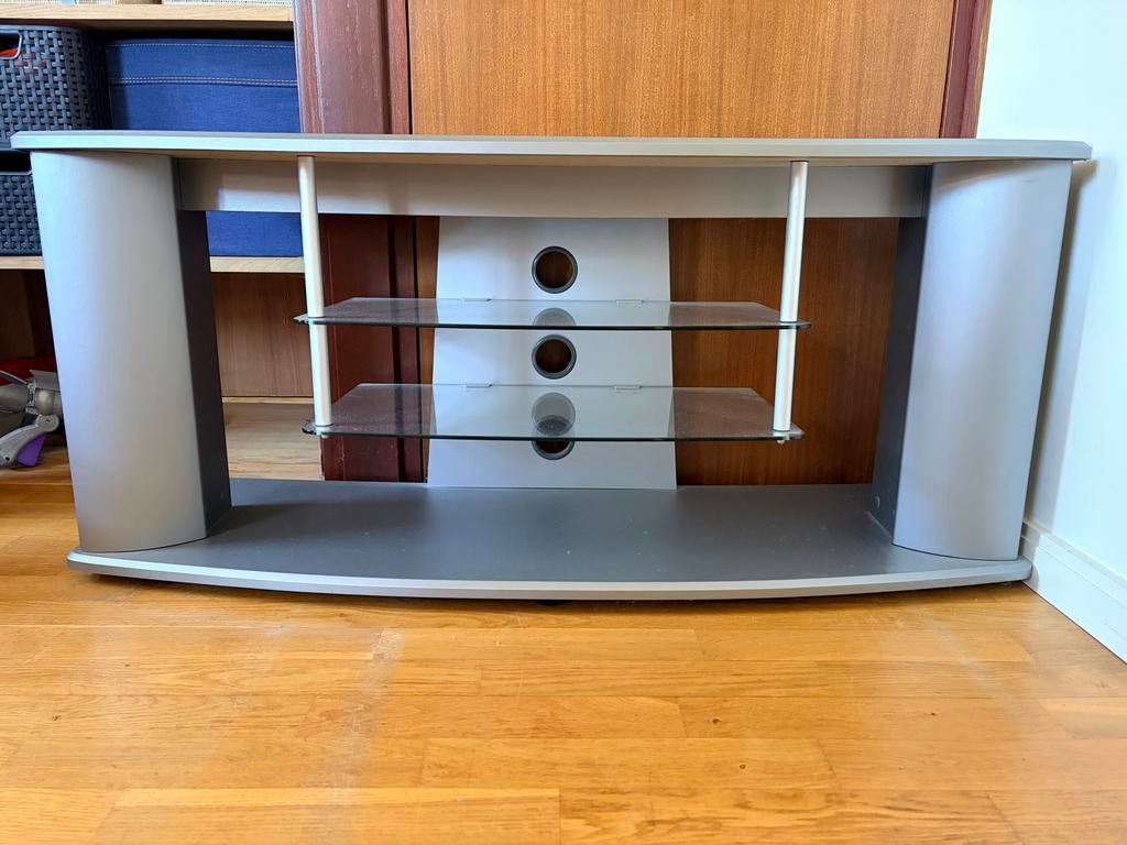 TV-meubel / Audiomeubel met glazen planken, Ophalen, Gebruikt, 100 tot 150 cm, Minder dan 100 cm