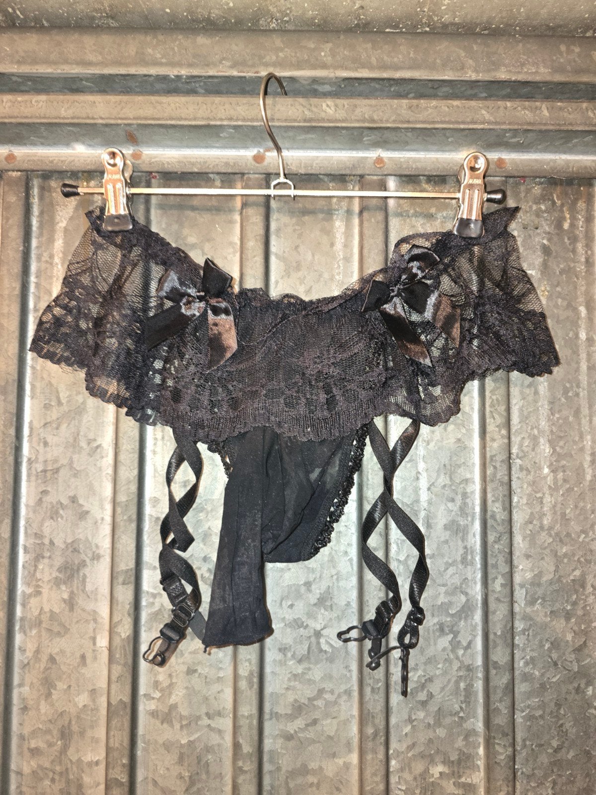 Zwarte kanten jarretel slip met huls met strikjes, Verzenden, Zwart, Slip