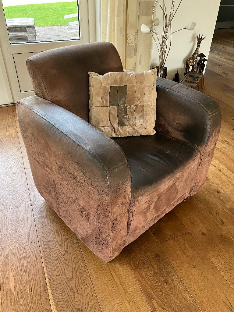 Leren fauteuil / loveseat cognac, Ophalen, Gebruikt, Landelijk, 75 tot 100 cm