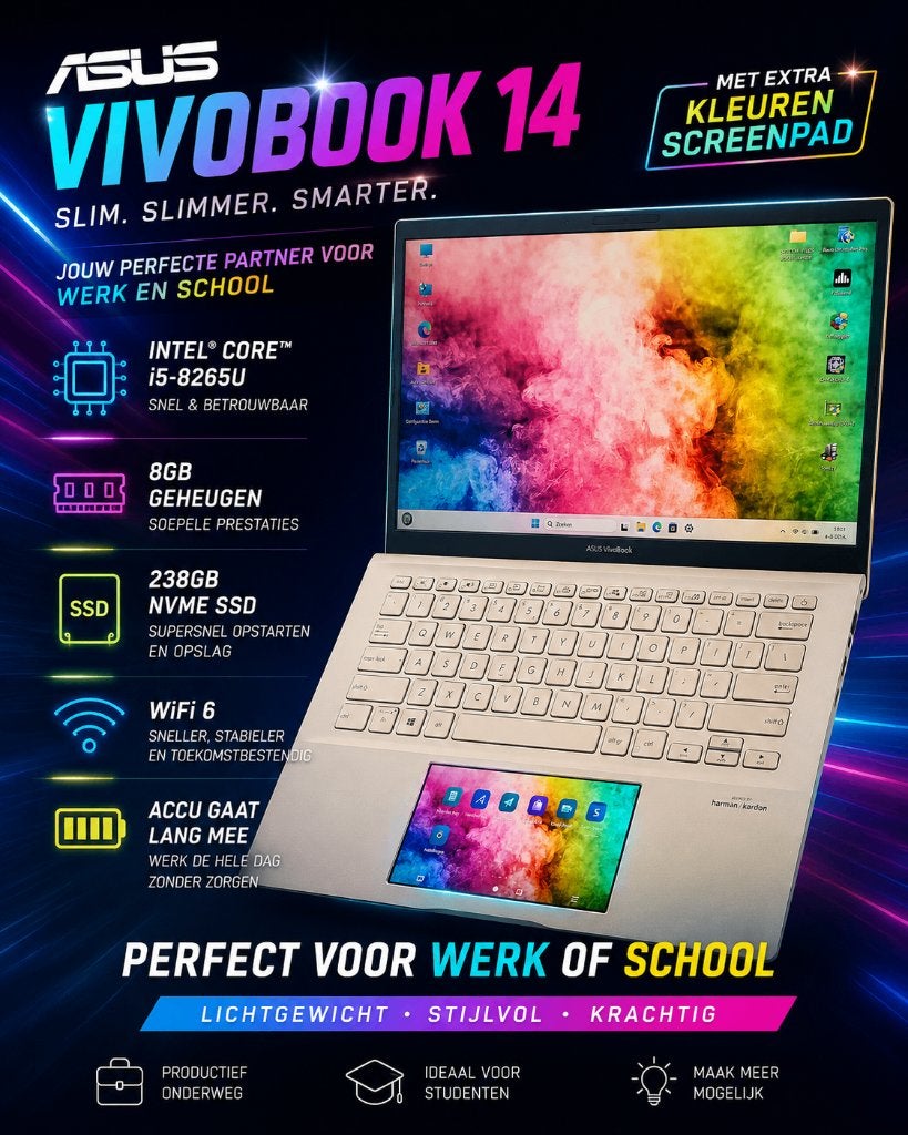 Asus VivoBook 14 /i5-8265/8gb/238NVMe/Wifi6/W11pro/office21, Computers en Software, Windows Laptops, Qwerty, 8 GB, Asus vivibook