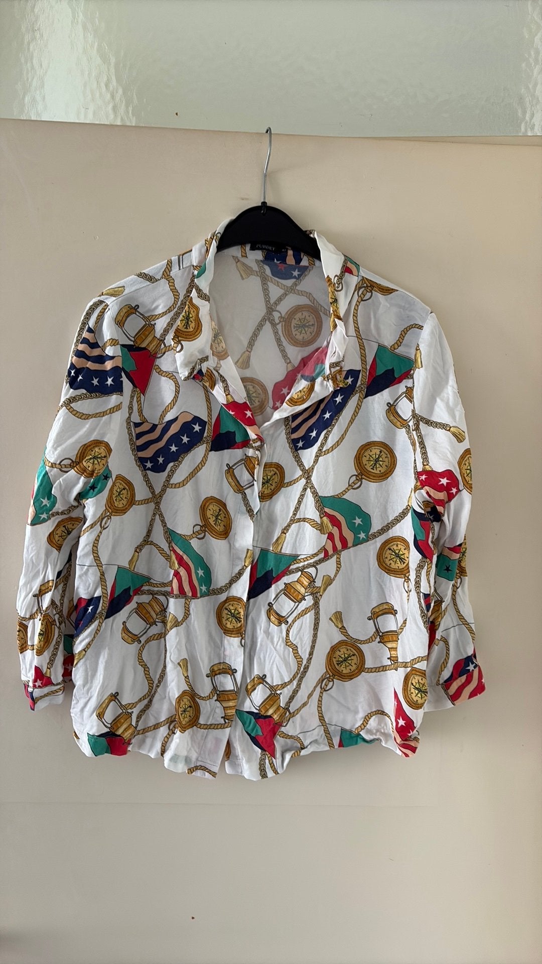 Purdey Blouse Ketting / Kompas Print – Luxe Viscose & Rayon, Ophalen of Verzenden, Gedragen, Maat 42/44 (L), Wit