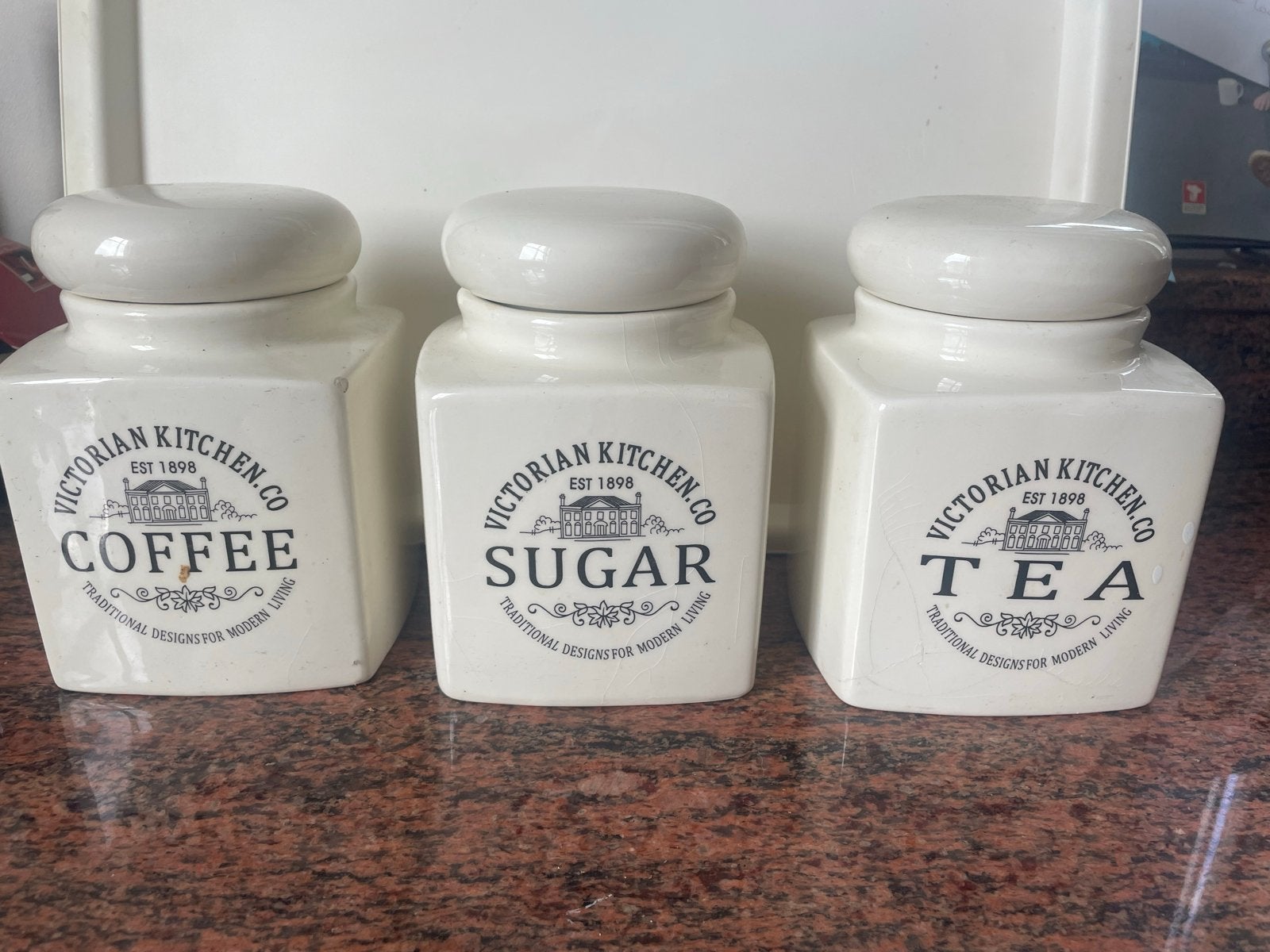 Set van 3 Victoriaanse Keuken Voorraadpotten: Koffie, Suiker, Gebruikt, Ophalen of Verzenden, Voorraadpot, Steen/keramiek