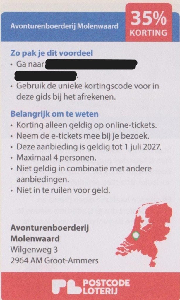 Avonturenboerderij Molenwaard. 35% korting. Groot-Ammers., Tickets en Kaartjes, Recreatie | Pretparken en Attractieparken, Drie personen of meer