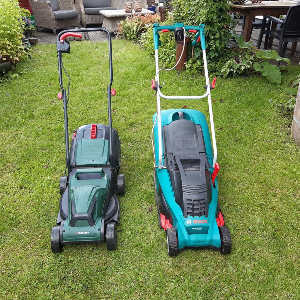 Bosch Rotak 34 en Parkside elektrische grasmaaiers, Tuin en Terras, Ophalen, Cirkelmaaier, Gebruikt, Elektrische grasmaaier